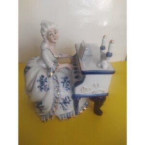 Vintage Porcelain Victorian Lady Playing Piano, Music Box Like New